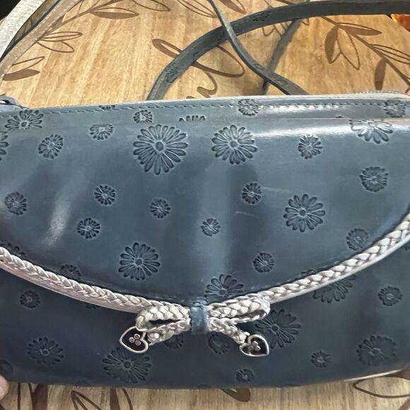 Brighton Small Leather Crossbody Teal Blue Silver Metallic Flower Embossed - Picture 10 of 11